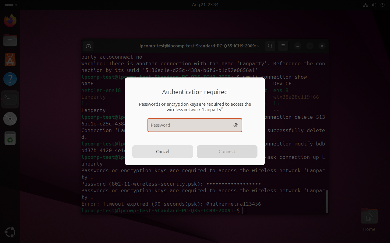 Terminal dan dialog Authentication required menunjukkan Error: Timeout expired (90 seconds) saat mencoba connect ke jaringan WPA2
