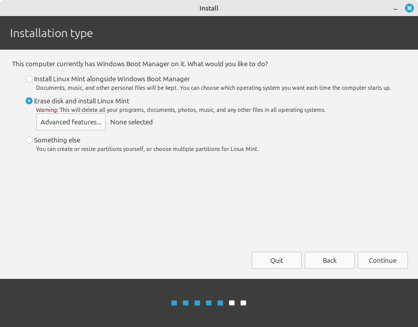 Layar Installation type dengan tiga pilihan: alongside Windows, erase disk, dan something else
