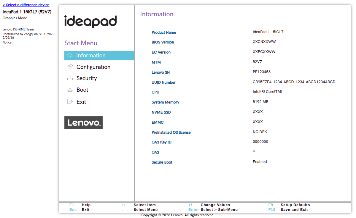 Layar BIOS IdeaPad, menu Information Configuration Security Boot Exit