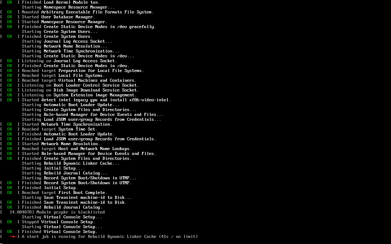 Log boot verbose EndeavourOS menampilkan baris Started detect intel legacy gpu and install xf86-video-intel, lalu baris kuning A start job is running for Rebuild Dynamic Linker Cache 41s / no limit