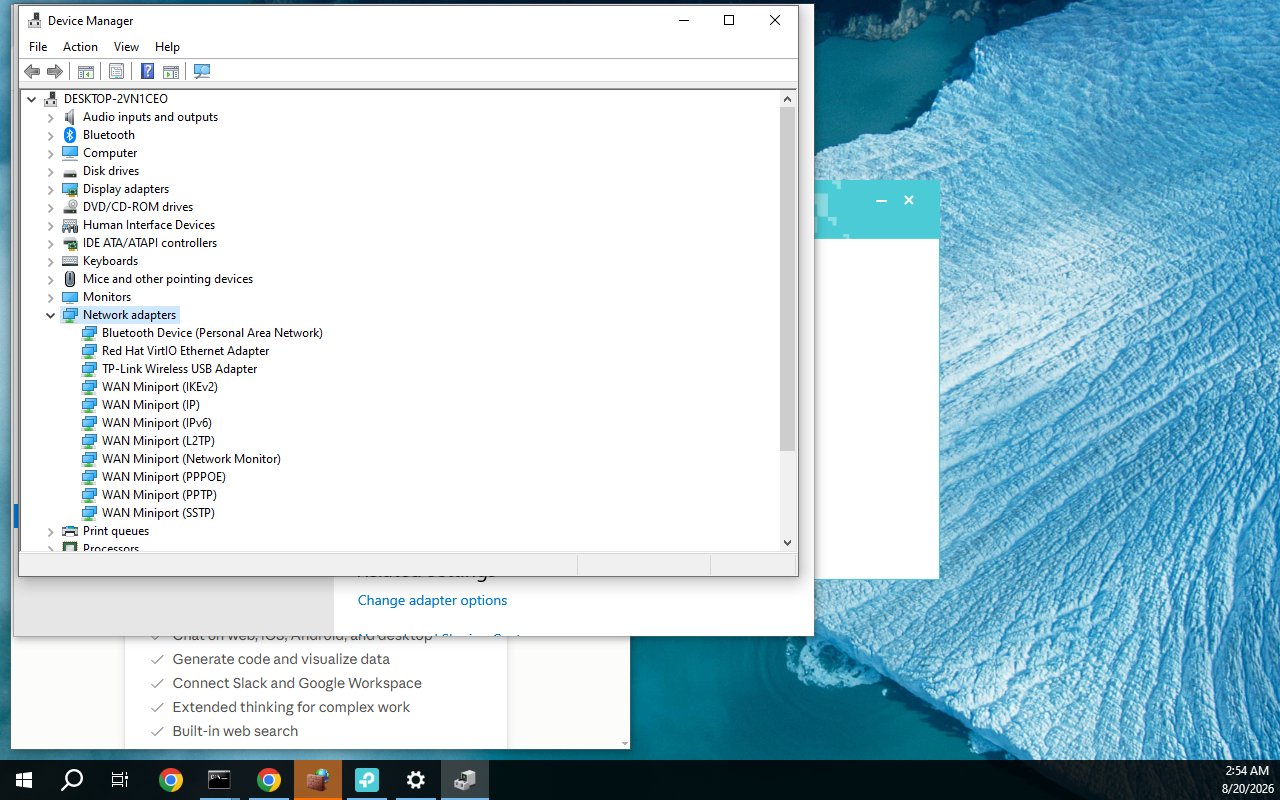 Device Manager menunjukkan TP-Link Wireless USB Adapter terpasang tanpa tanda seru di kategori Network adapters
