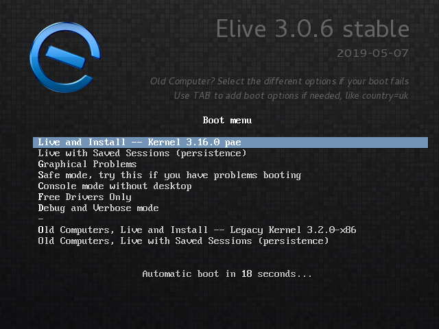 Menu boot Elive 3.0.6 stable dengan logo huruf E biru dan sembilan pilihan boot, baris Live and Install Kernel 3.16.0 pae tersorot