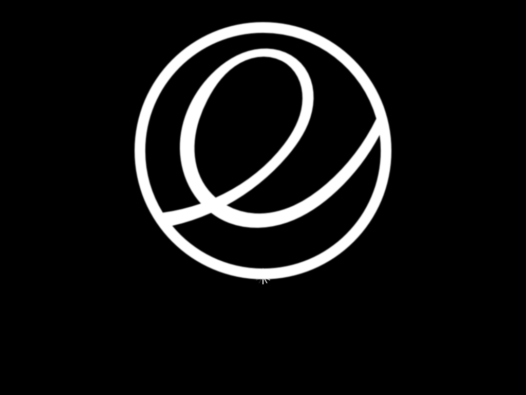 Layar hitam dengan logo elementary OS berupa huruf e putih melingkar di tengah saat sistem dimuat dari DVD