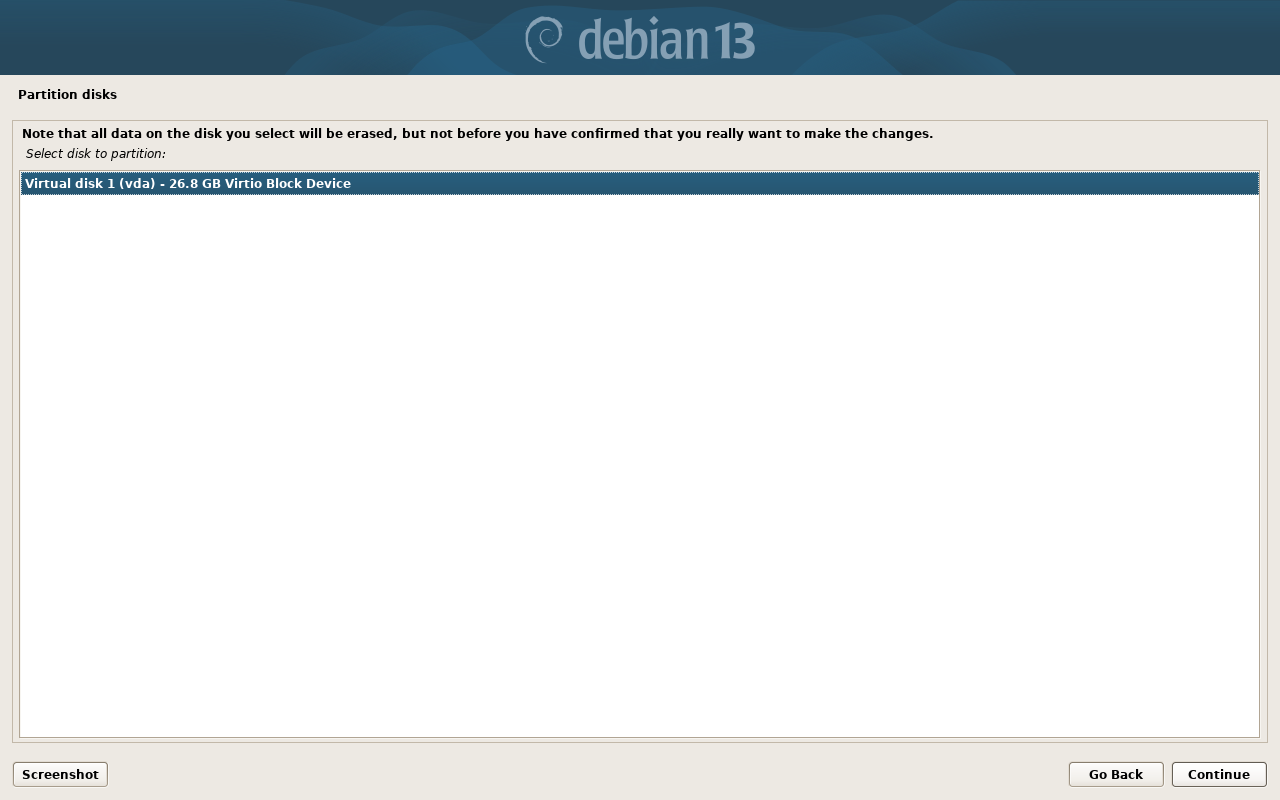 Layar Select disk to partition Debian dengan satu disk terdaftar