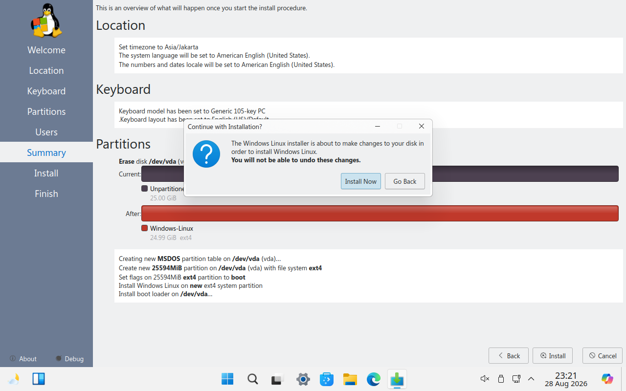 Kotak konfirmasi Continue with Installation pada pemasang Linuxfx dengan tombol Install Now dan Go Back