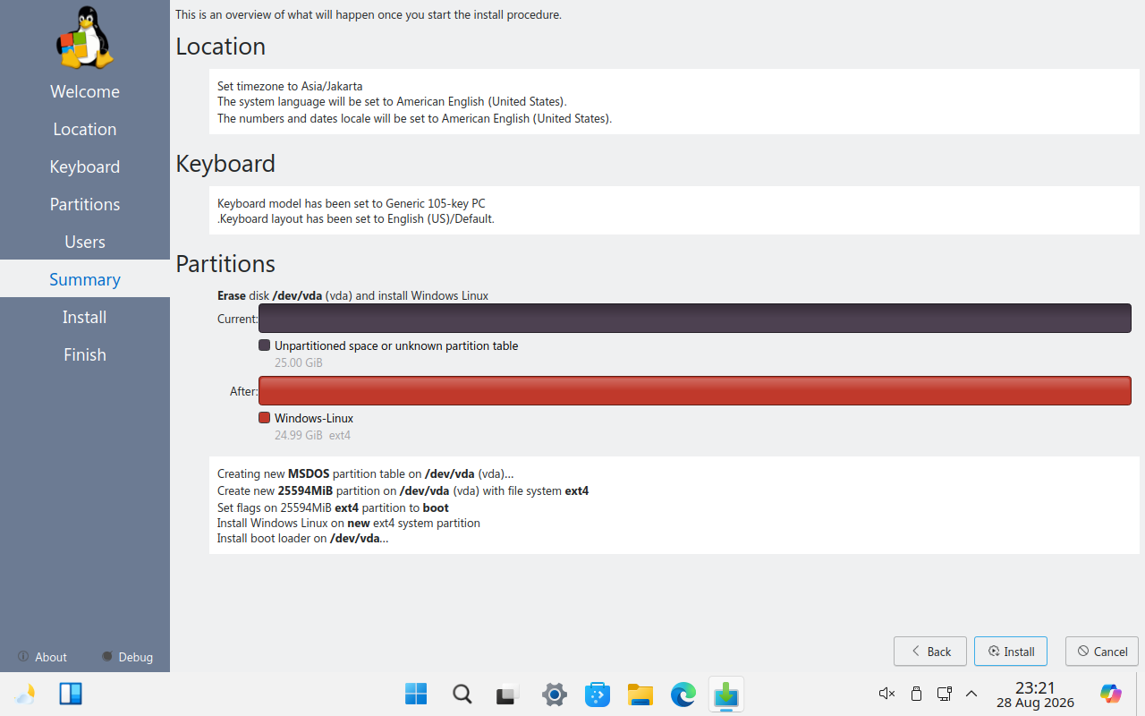 Layar Summary pemasang Linuxfx merangkum zona waktu, keyboard, dan rencana partisi sebelum instalasi dimulai