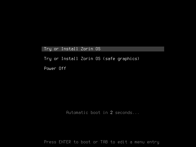 Menu boot Zorin OS 17.1 Lite dengan pilihan Try or Install Zorin OS, Try or Install Zorin OS (safe graphics), dan Power Off