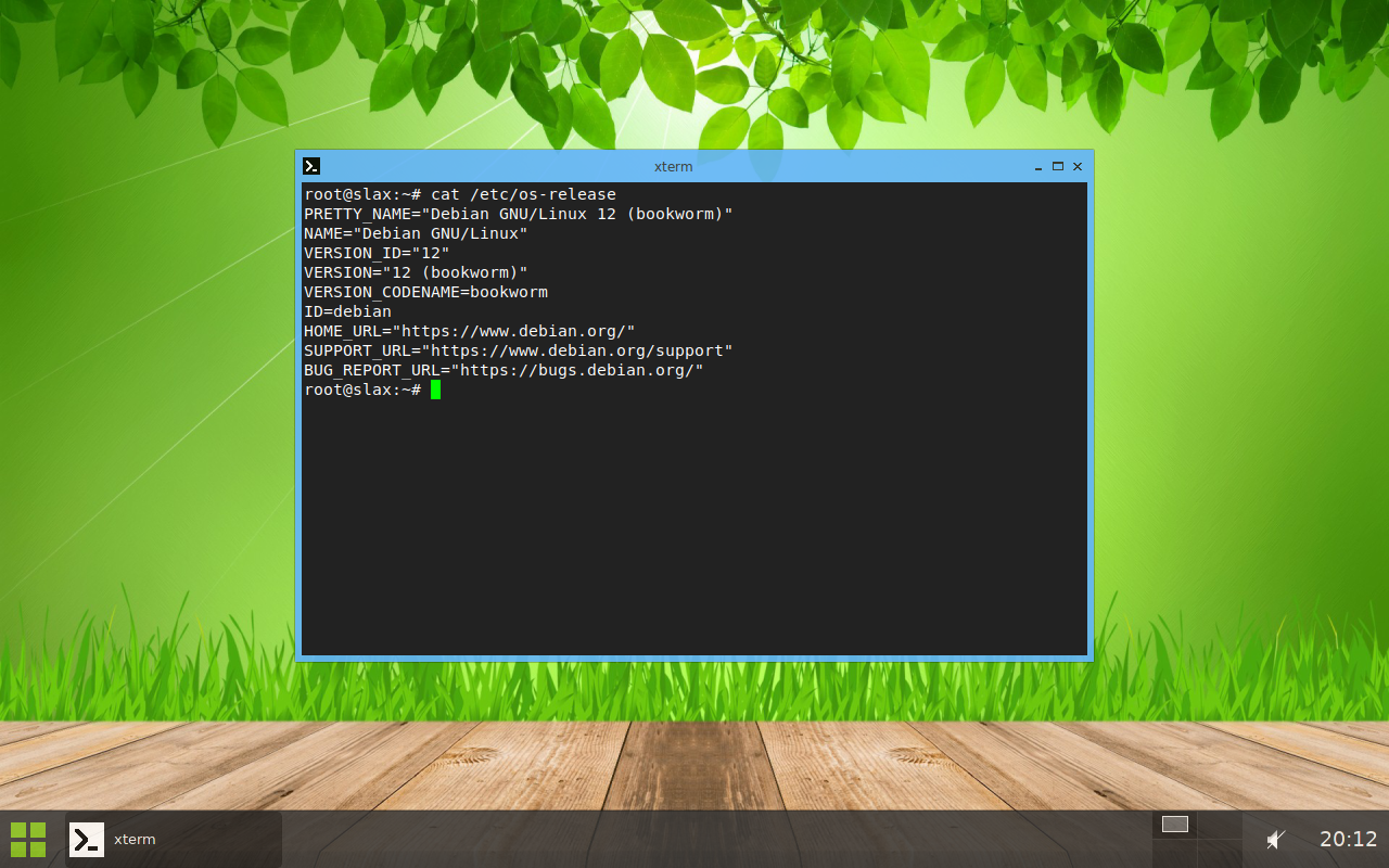 Terminal Slax menampilkan isi /etc/os-release dengan keterangan Debian GNU/Linux 12 bookworm