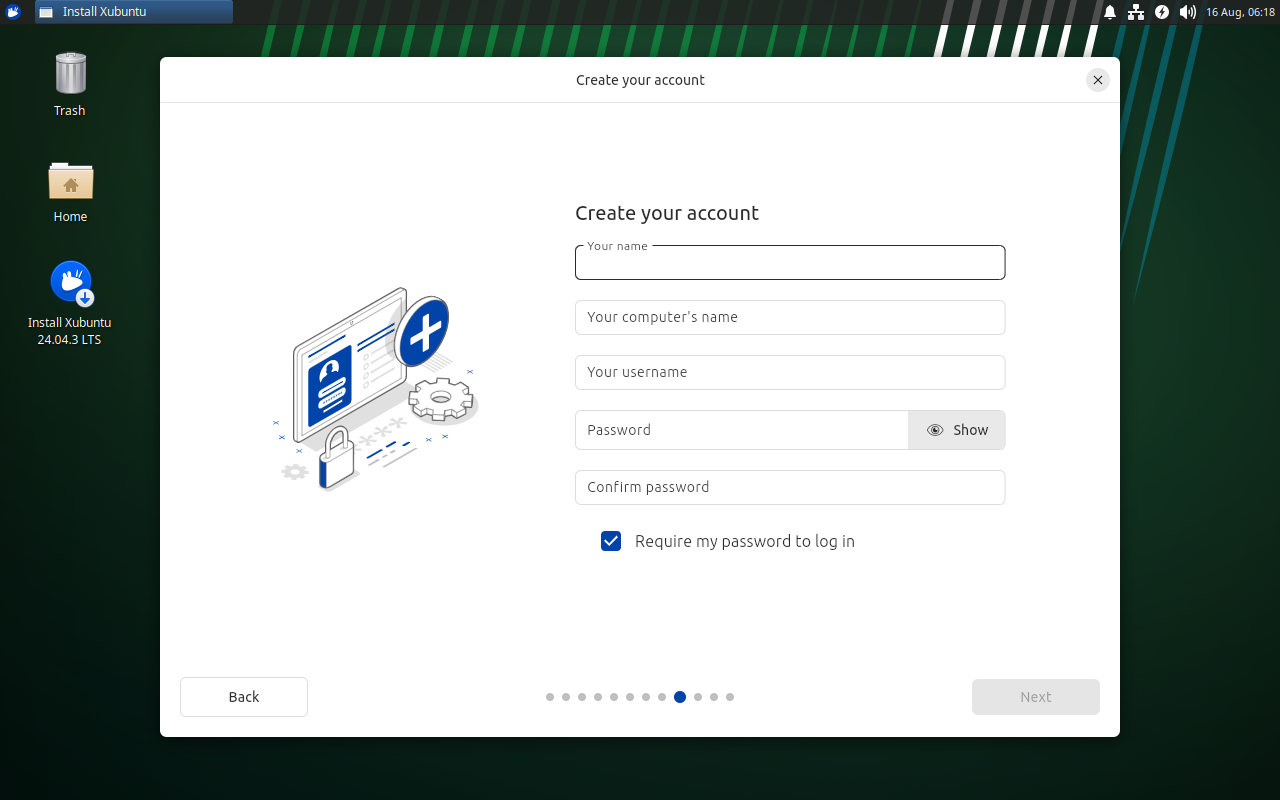 Layar Create your account Xubuntu dengan lima kolom isian