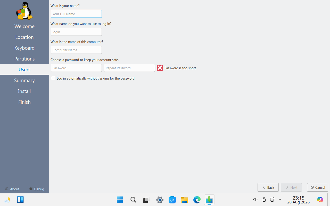 Layar Users pemasang Linuxfx dengan empat isian kosong dan penanda merah Password is too short