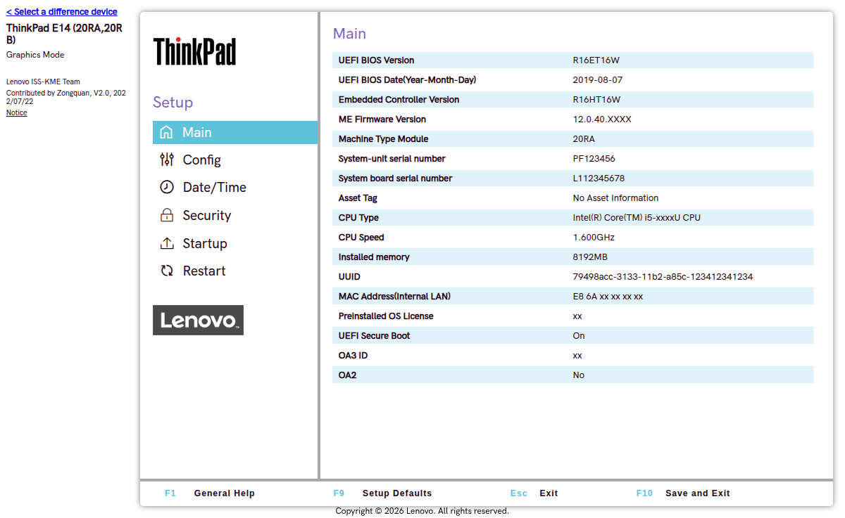 Layar BIOS ThinkPad, menu Main Config Date/Time Security Startup Restart