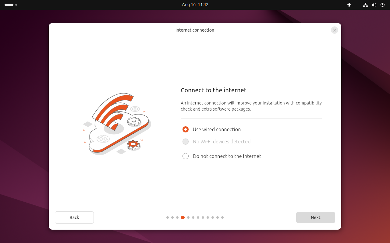 Layar Connect to the internet Ubuntu dengan tiga pilihan koneksi