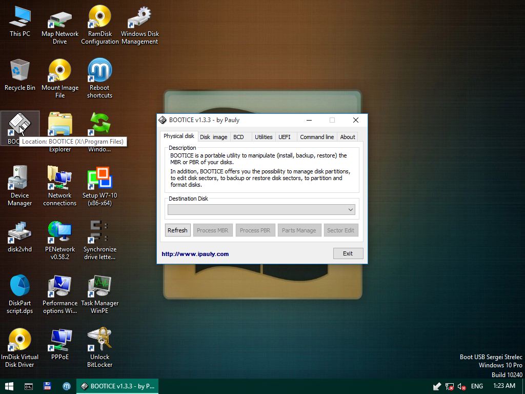 Jendela BOOTICE v1.3.3 terbuka dengan tab Physical disk, Disk image, BCD, Utilities, UEFI, Command line, dan tombol Process MBR, Process PBR, Parts Manage, Sector Edit