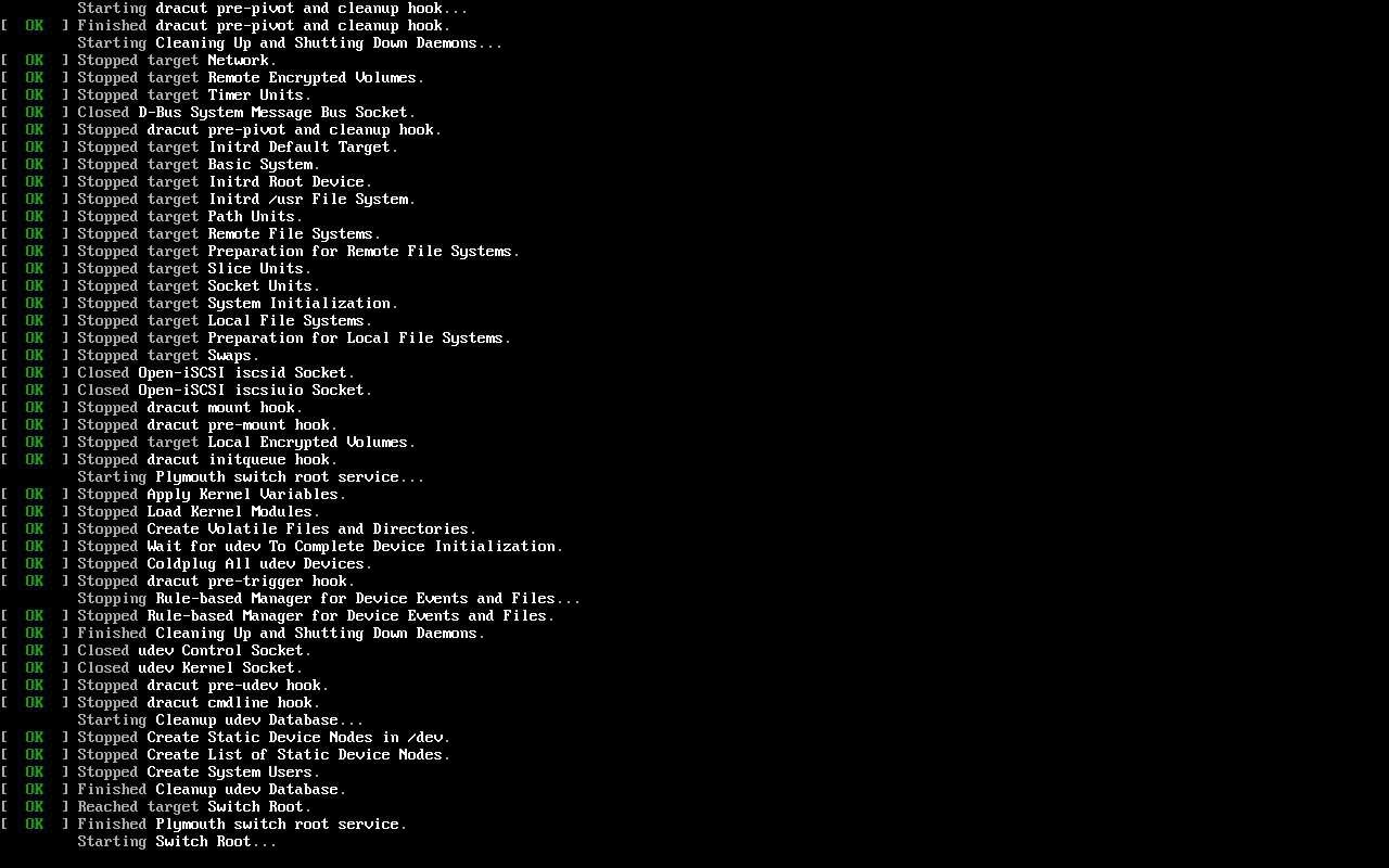 Layar log teks sistem systemd sedang menghentikan target dan layanan sementara satu per satu sebelum berpindah ke Switch Root menuju lingkungan pemasang Anaconda