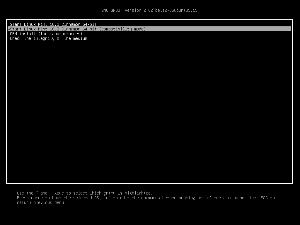 Menu GRUB mode UEFI dengan pilihan compatibility mode disorot