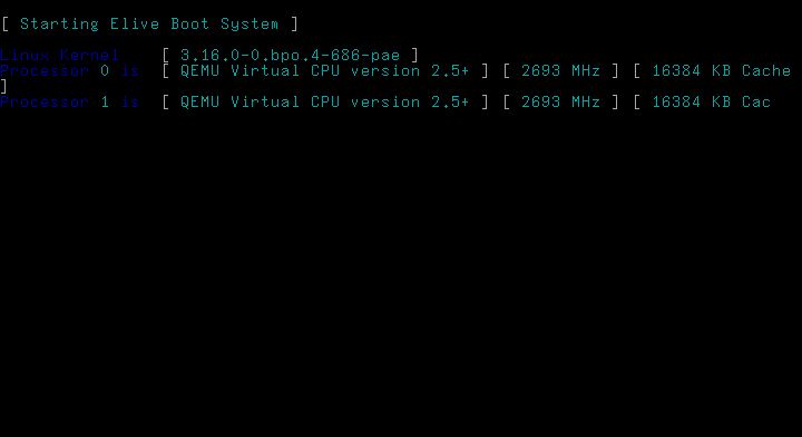 Layar hitam bertuliskan Starting Elive Boot System dengan baris Linux Kernel 3.16.0-0.bpo.4-686-pae dan dua baris informasi prosesor berwarna biru