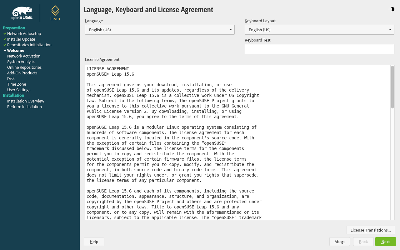 Layar Language Keyboard and License Agreement openSUSE dengan daftar tahap di sisi kiri