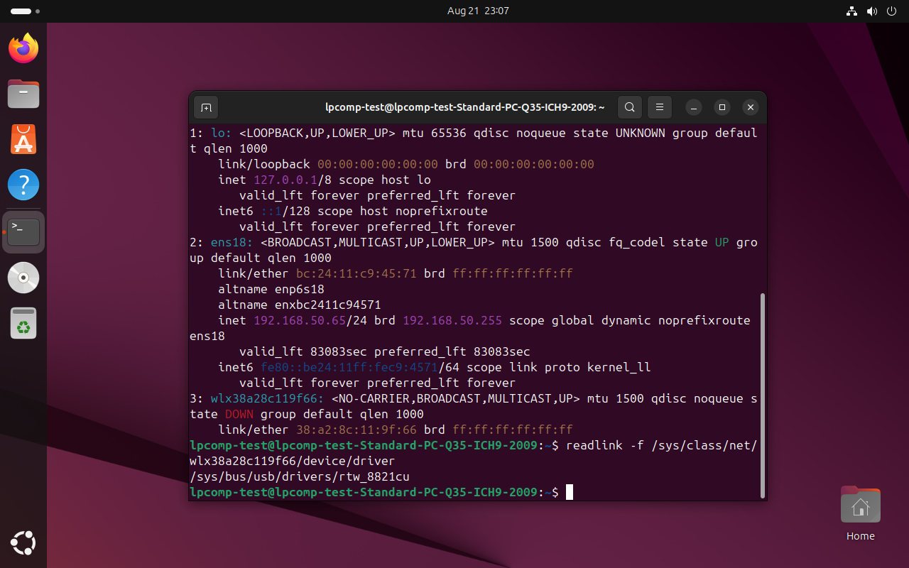 Terminal menampilkan ip a dengan interface wlx38a28c119f66 dan hasil readlink menunjuk ke /sys/bus/usb/drivers/rtw_8821cu