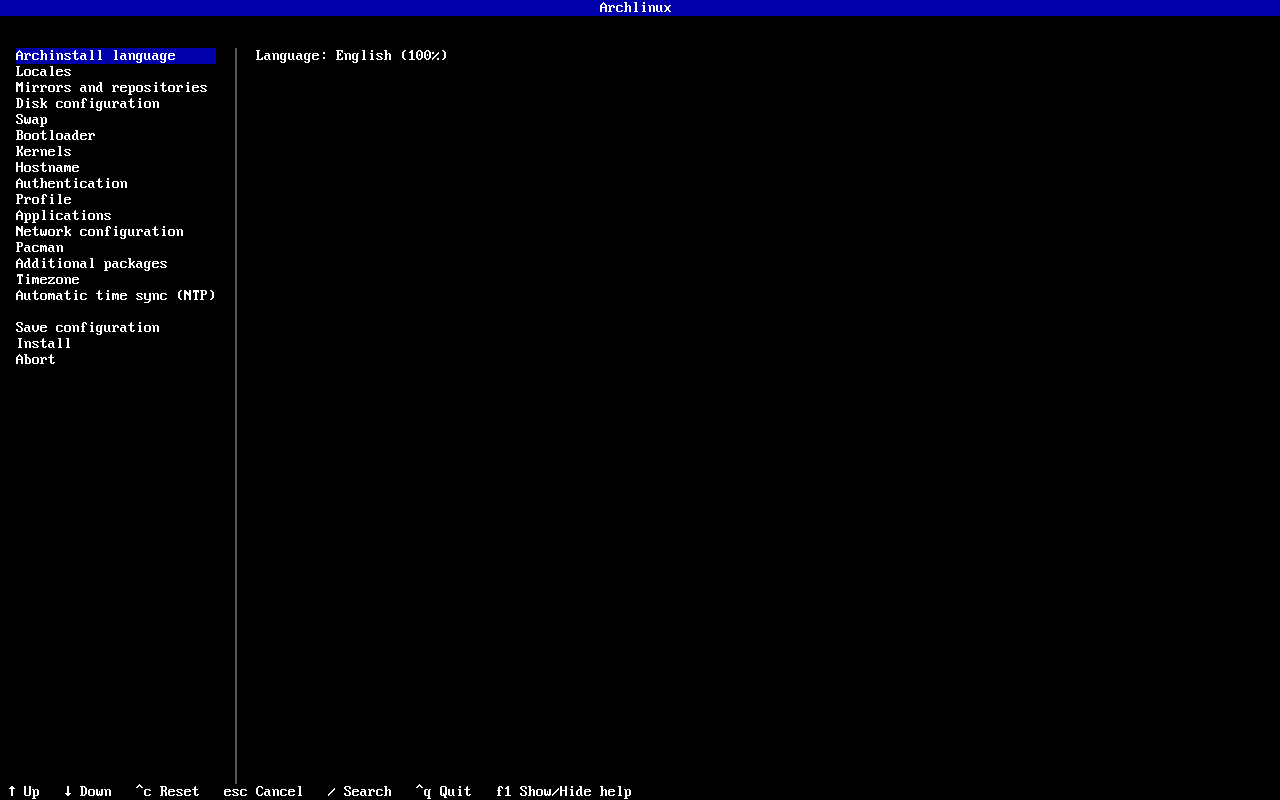 Menu archinstall dengan daftar pengaturan seperti Locales, Disk configuration, Bootloader