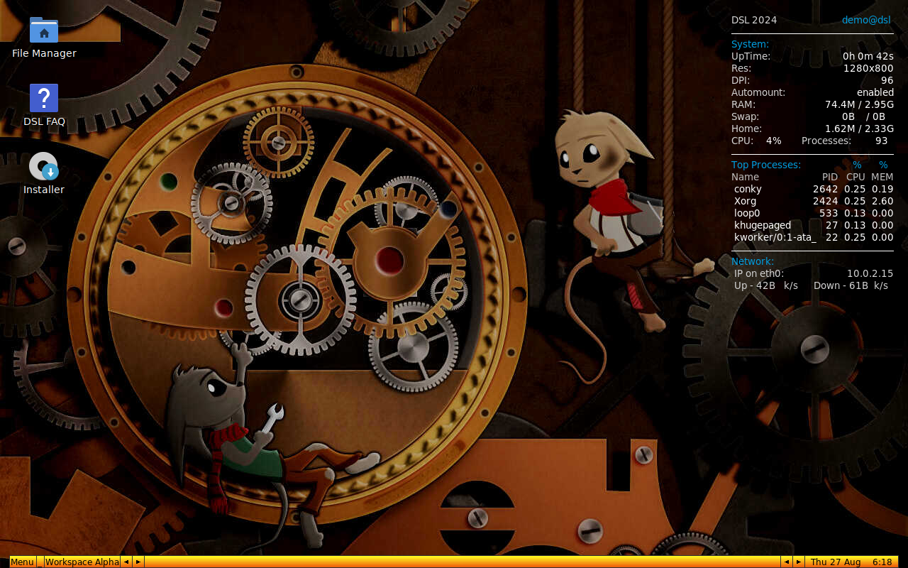 Desktop DSL 2024 dengan wallpaper jam roda gigi steampunk bertema tikus, ikon File Manager, DSL FAQ, dan Installer di kiri atas, serta panel statistik sistem conky di kanan menampilkan RAM 74.4M dari 2.95G