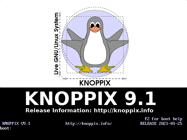 Layar boot KNOPPIX 9.1 dengan logo pinguin dan keterangan rilis 2021-01-25