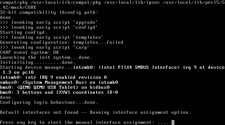 Layar konsol OPNsense bertuliskan Default interfaces not found dash dash Running interface assignment option, meminta pengguna menekan tombol apa saja untuk memulai penetapan antarmuka jaringan secara manual