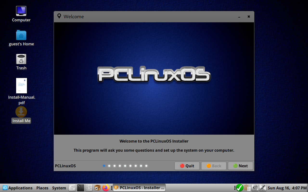 Jendela Welcome to the PCLinuxOS Installer dengan tombol Quit, Back, dan Next