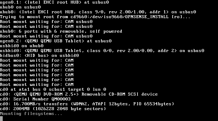 Log boot FreeBSD OPNsense mendeteksi drive DVD-ROM QEMU sebagai perangkat cd0 dan mulai proses mounting filesystems dari cd9660 OPNSENSE_INSTALL