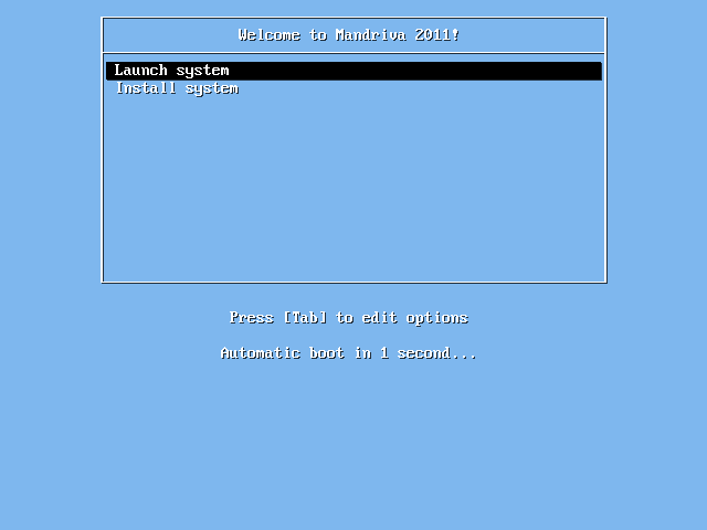 Menu boot Mandriva 2011 dengan pilihan Launch system dan Install system