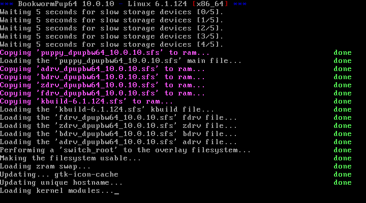 Layar teks proses boot BookwormPup64 menyalin berkas puppy_dpupbw64_10.0.10.sfs beserta adrv, bdrv, zdrv, fdrv, dan kbuild ke RAM, semuanya bertanda done