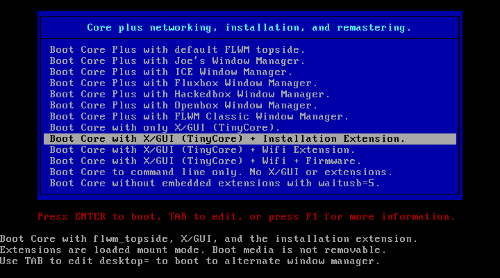 Menu boot Tiny Core dengan baris Boot Core with X/GUI TinyCore plus Installation Extension tersorot