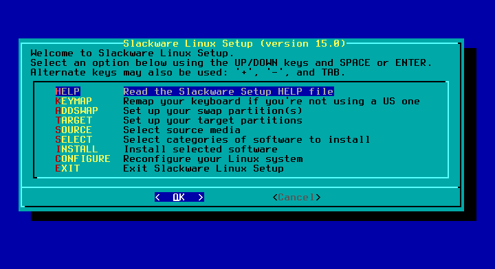 Menu Slackware Linux Setup versi 15.0 dengan pilihan HELP, KEYMAP, ADDSWAP, TARGET, SOURCE, SELECT, INSTALL, CONFIGURE, dan EXIT