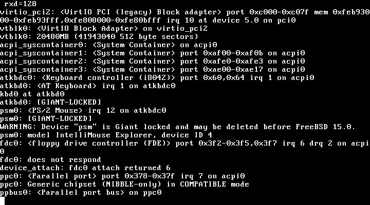 Log kernel FreeBSD saat boot ravynOS mendeteksi perangkat virtio, keyboard controller i8042, mouse PS/2, dan port paralel