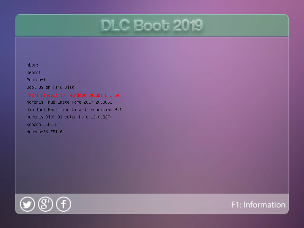 Baris Mini Windows 10 Windows Setup EFI 64 tersorot di menu UEFI DLC Boot 2019