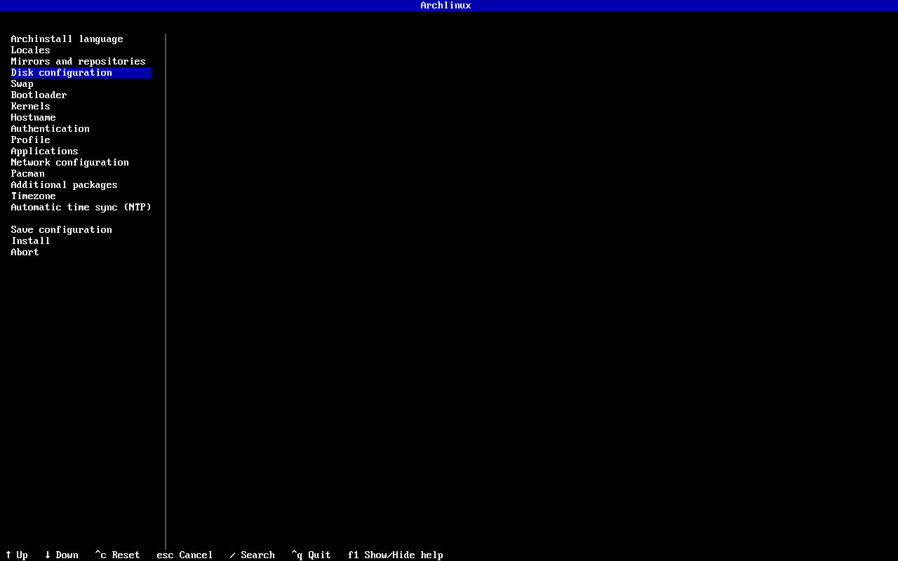 Menu archinstall dengan baris Disk configuration tersorot