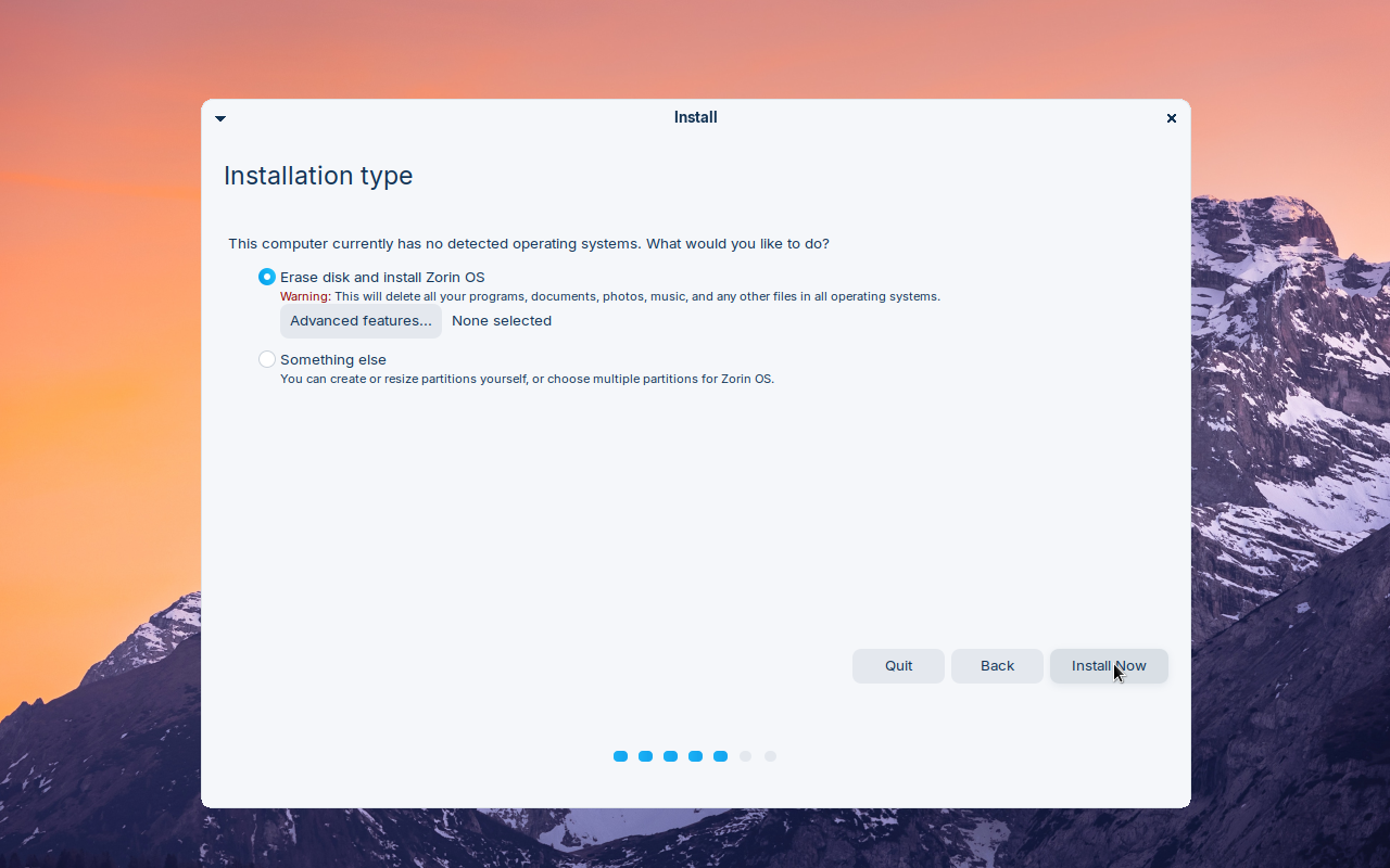 Layar Installation type pemasang Zorin OS dengan opsi Erase disk and install Zorin OS terpilih dan tombol Install Now