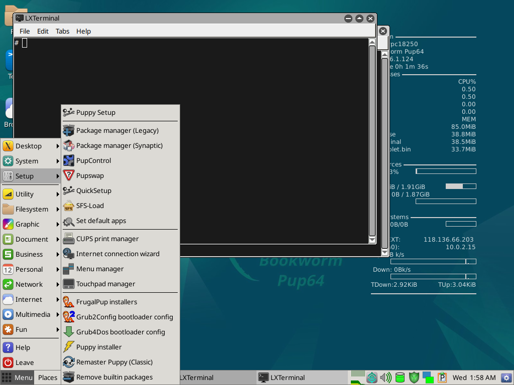 Submenu Setup BookwormPup64 berisi daftar Puppy Setup, Package manager Legacy, Package manager Synaptic, PupControl, Pupswap, QuickSetup, SFS-Load, CUPS print manager, FrugalPup installers, Grub2Config, Puppy installer, dan Remaster Puppy