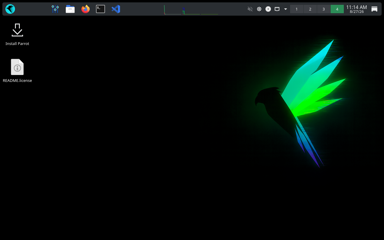 Desktop Parrot Security dengan panel atas berisi ikon aplikasi, wallpaper burung parrot hijau, dan ikon Install Parrot di kiri layar