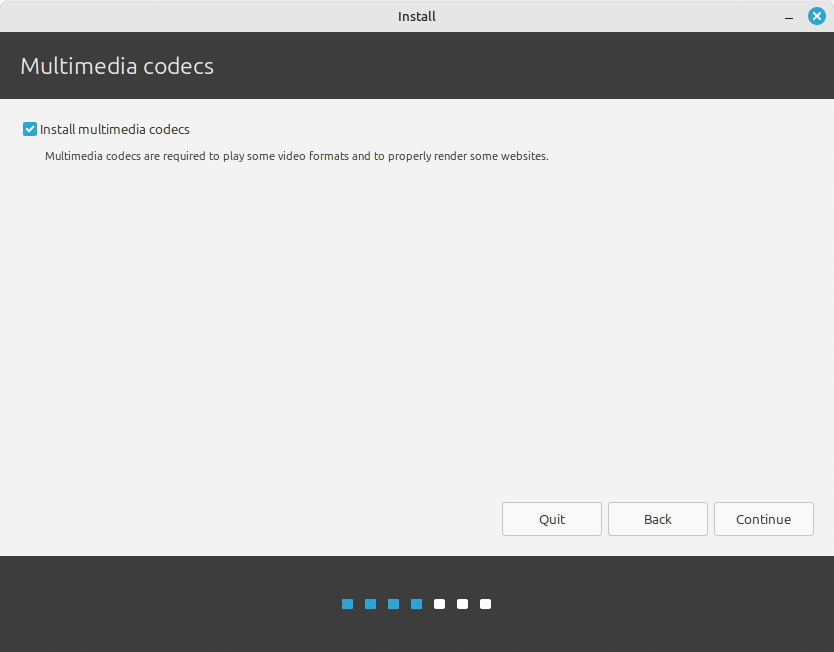 Layar Multimedia codecs dengan kotak centang Install multimedia codecs