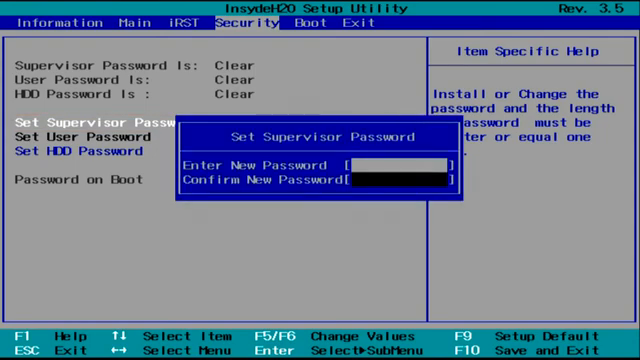Tab Security BIOS Acer dengan kotak Set Supervisor Password