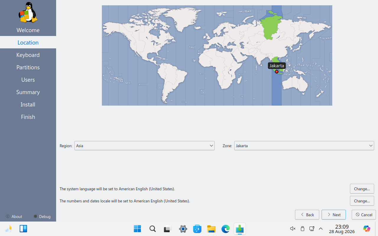 Layar Location pemasang Linuxfx dengan peta dunia, Region Asia dan Zone Jakarta sudah terpilih