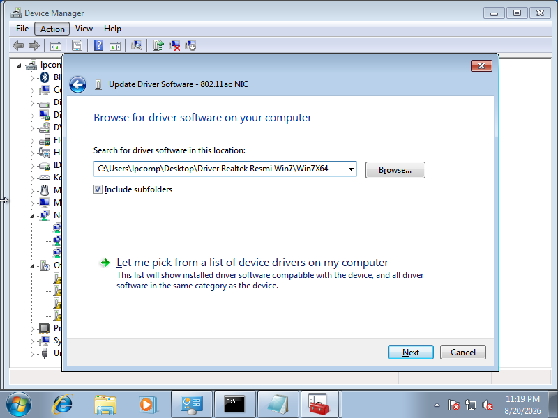 Kotak lokasi driver software terisi path folder Win7X64 hasil ekstrak driver Realtek resmi