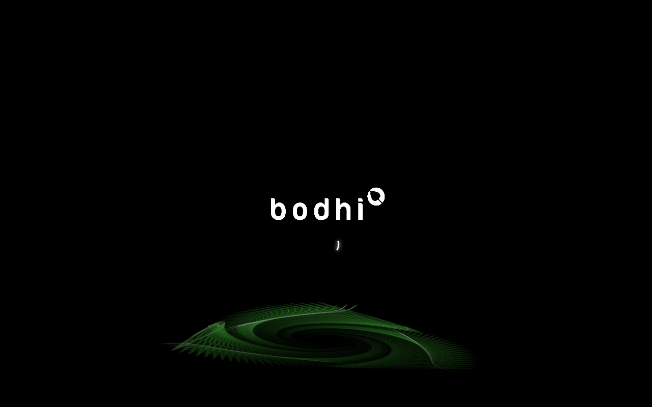 Layar splash boot Bodhi Linux berupa layar hitam dengan logo tulisan bodhi dan indikator loading berbentuk lingkaran kecil berputar, di bawahnya ada grafik swirl hijau bergaya pusaran