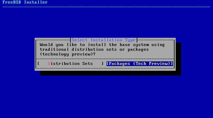 Layar Select Installation Type FreeBSD dengan pilihan Distribution Sets dan Packages