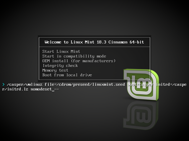 Baris perintah boot Linux Mint sedang diedit, kata nomodeset ditambahkan di akhir