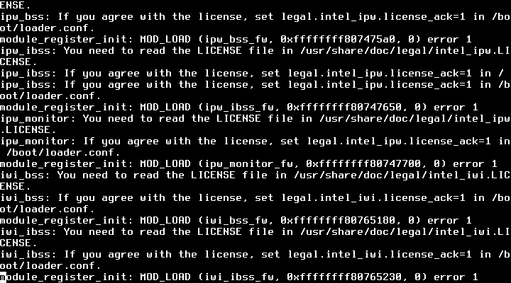 Log boot kernel FreeBSD berisi pesan module_register_init error terkait modul driver WiFi ipw_bss, ipw_ibss, iwi_bss yang meminta persetujuan lisensi Intel