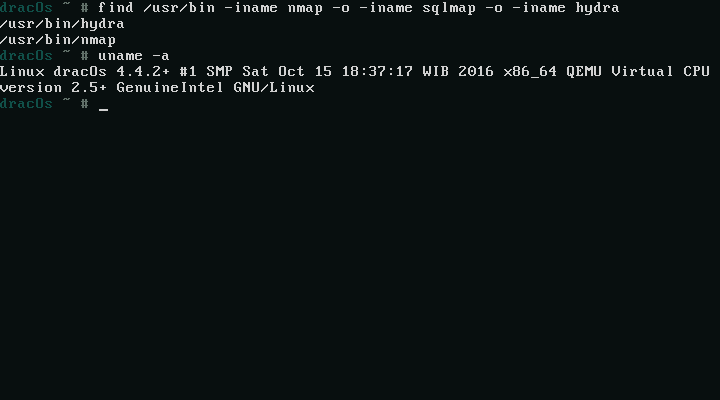 Terminal DracOs menampilkan hasil perintah uname -a: Linux dracOs 4.4.2+ build Oktober 2016
