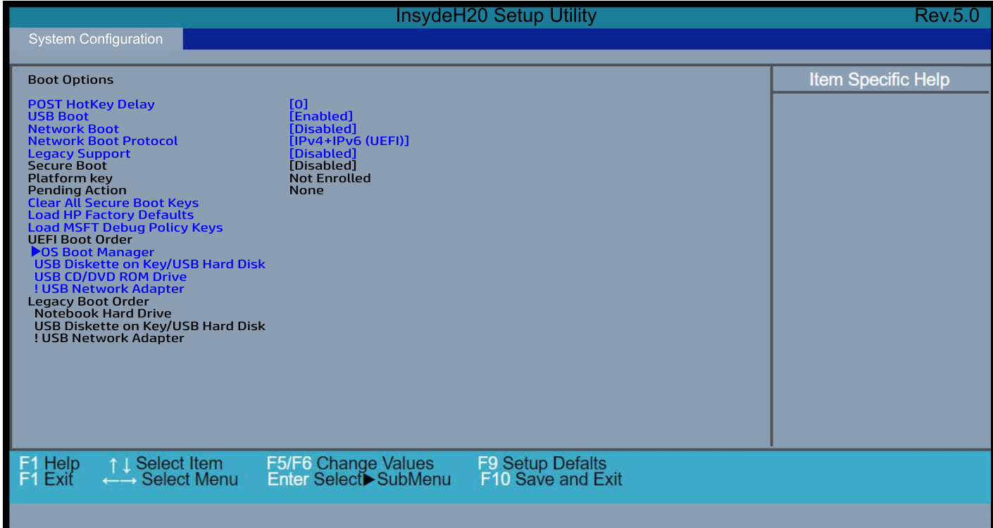 Boot Options HP dengan Legacy Support dan Secure Boot