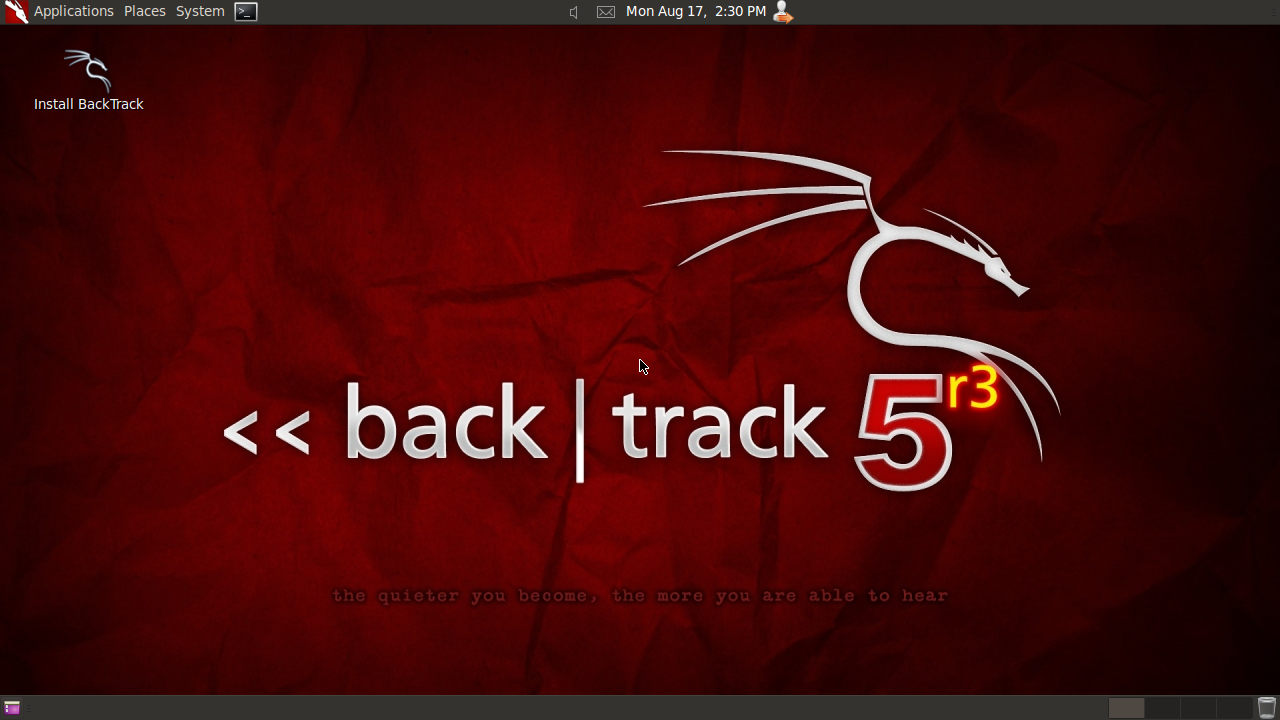 Desktop BackTrack 5 R3 dengan logo naga dan ikon Install BackTrack di pojok kiri atas