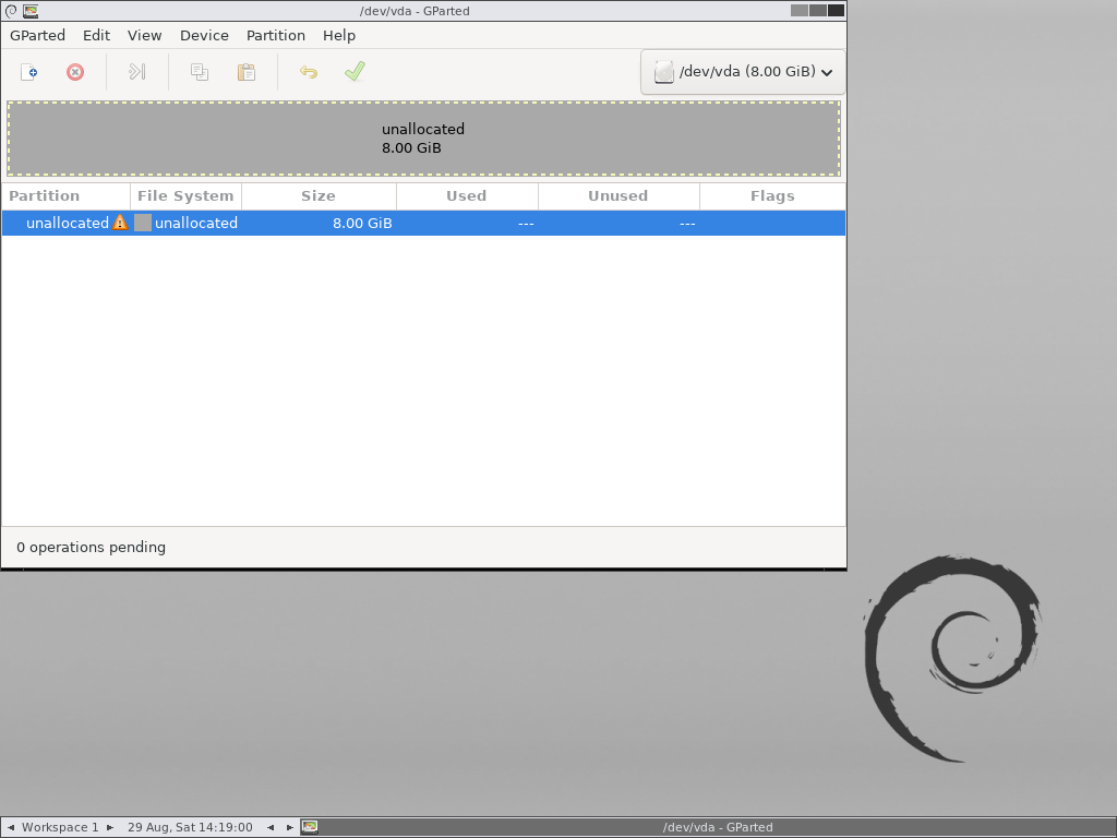 Jendela GParted menampilkan disk /dev/vda 8.00 GiB berstatus unallocated dengan status bar 0 operations pending di bawah